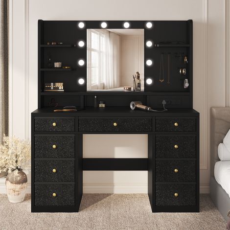 Grande Coiffeuse Noir avec Miroir LED, 110 × 40 × 144 cm,Multiprise, 9 Tiroirs, 10Ampoules, Rangement étagère bijoux (1/5)