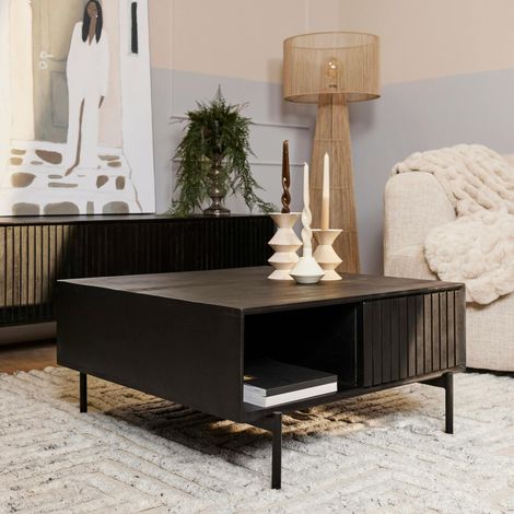 Table basse noire carrée en bois rainuré 2 tiroirs CORTINA (1/5)