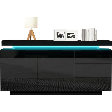 Buffet LED sans poignées 140x35x72, 5 cm noir, 2 portes, 3 tiroirs (1/5)