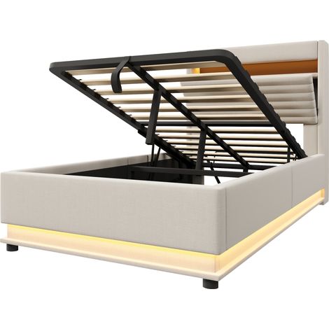 Letto contenitore capitonné 90x200 cm beige con USB-C, LED e vano idraulico (1/5)