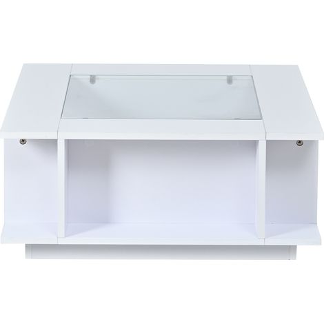 Table basse carrée 70x70x30 cm blanche avec plateau en verre et finition brillante (1/5)
