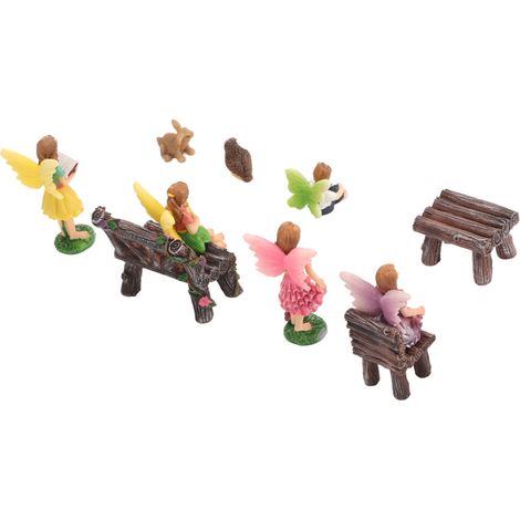10-teiliges Set Vintage-Feengartenfiguren aus Kunstharz mit Blumen und Kaninchen