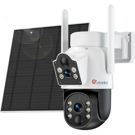 Ctronics Caméra de Surveillance Extérieure Solaire Double Objectif 2K 3MP – Batterie 9800 mAh, Panneau 6W, Alarme Son & Lumière,Cloud/128Go, IP66