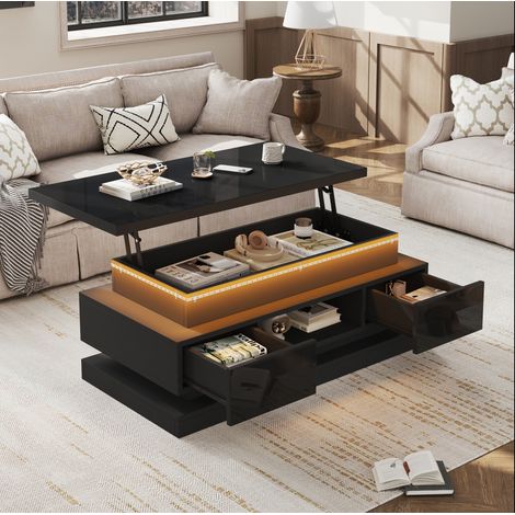 Table basse 100x50x40 cm noire relevable LED, 2 tiroirs, panneaux de particules MEUBLIV (1/5)