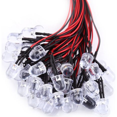 Lot de 50 diodes LED transparentes, pré-câblées, 9-12 V CC, 3, 5 et 10 mm, lumière blanche, rouge, bleue ou verte (1/3)