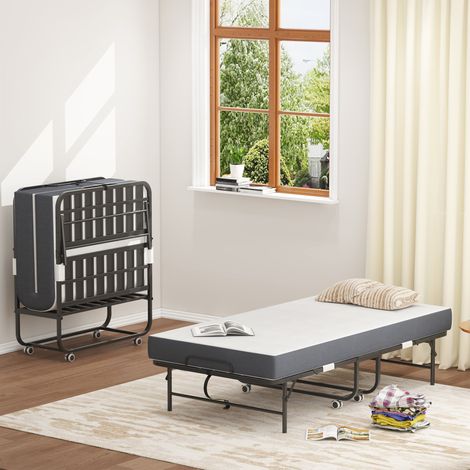 Lit 90x190 cm noir – cadre métallique pliant avec roulettes, avec matelas (1/5)