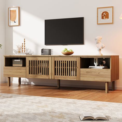 Meuble TV 180cm en MDF, pieds bois massif pour salon, 180x40x51 cm (1/5)