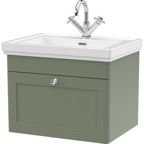 Nuie Classique Wall Hung 1-Drawer Vanity Unit with Basin 600mm Wide Satin Green - 1 Tap Hole (1/5)