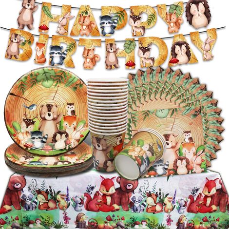 Decoration Anniversaire Jungle D'automne,Set de Table pour la Fête Des Animaux de la Jungle,Pour 20 Invités, Bannière HAPPY BIRTHDAY,Assiette Jungle, Gobelets,Serviettes et Nappes (1/5)