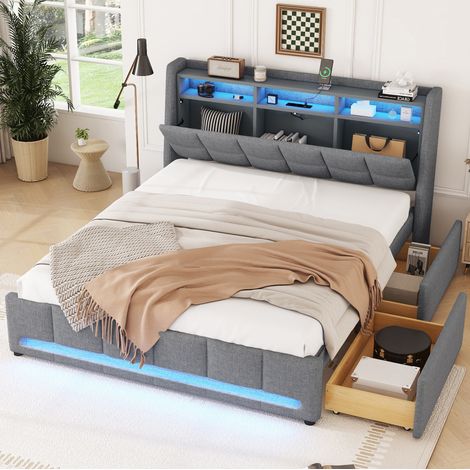 Cama tapizada de lino gris 140x200 cm con cajones, almacenaje en cabecero, LED y USB (1/5)