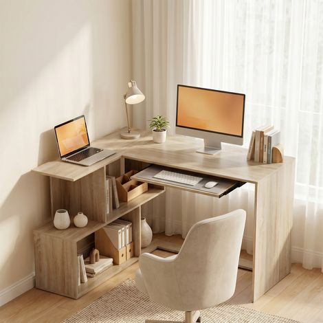 Bureau d'angle L 120x100x76 cm, plateau clavier 4 compartiments ouverts. Naturel, gain de place et rangement pratique pour un bureau confortable.
