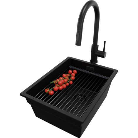 PRIMAGRAN Evier Cuisine en Granit 36x47cm, Lavabo 1 bac + Kit de Vidage + Accessoire, Évier à Encastrer au meuble 40cm - Prague Slim, Tout Noir (1/5)