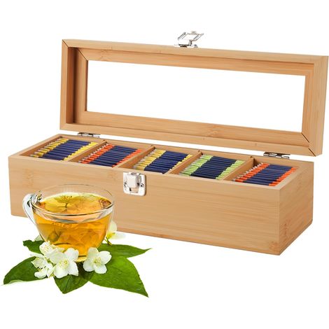 Boîte à Thé, Boîte à Thé en Bois avec 5 Compartiments, Boîte à Thé avec Couvercle Fenêtre Transparente Organisateur pour Conserver les Arômes pour le Salon, le Bureau (30 10 9cm) (B) (1/2)