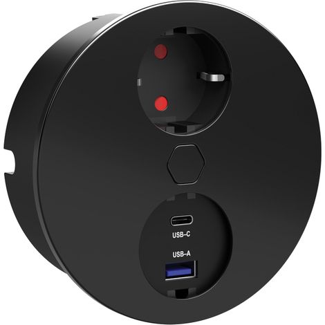 Prise encastrable ronde à ouverture et fermeture automatique e-duplex - Version : 1 prise secteur + 2 USB - Décor : Noir mat - SYNERCIA (1/5)