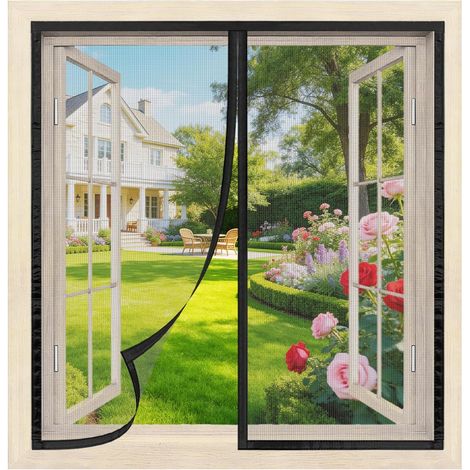 Moustiquaire Fenetre Magnetique 130 x 130 cm Noir - Moustiquaire pour Fenêtre Montage sans Perçage, Fermeture Automatique, Maillage Ultra-Fin, Adaptable à la Plupart des Fenêtres et Portes de Balcon