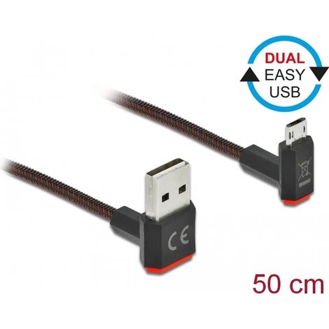 Delock Cable EASY-USB 2.0 Tipo-A macho a EASY-USB Tipo Micro-B macho, sesgado hacia la arriba y hacia abajo, de 0,5 m y negro