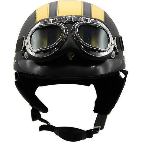 Casque de moto d'été léger en cuir style rétro Harley, avec lunettes de sécurité, demi-casque tendance, pour véhicules électriques, noir et jaune. (1/3)