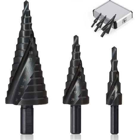 Set di 3 punte da trapano a gradini da 4-12/20/32 mm, in acciaio inox HSS, coniche triangolari in titanio, con attacco esagonale, per forare acciaio, ottone, legno e plastica.
