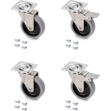 Emuca – Lot de 4 roulettes Slip 75mm – 2 avec frein, 2 sans frein – Acier et plastique – Charge 40kg par roulette – Montage facile