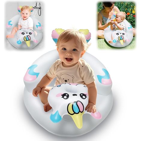 Chaise de siège d'apprentissage gonflable pour bébé imprimé licorne blanc rose bleu, siège gonflable avec porte-gobelet, résistant à l'eau adapté au bain, au jardin et à la maison (1/5)