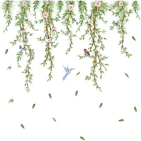 Adesivo murale 60 × 30 × 0,2 cm con tralci floreali pendenti, foglie verdi e uccellini. Elegante decorazione da parete per camera da letto, soggiorno e finestre. (1/5)