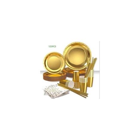 125-teiliges goldenes Einweggeschirr-Set für Geburtstage, biologisch abbaubares Besteck, goldene Teller und Becher, für Partys, Hochzeiten und Veranstaltungen. (1/5)