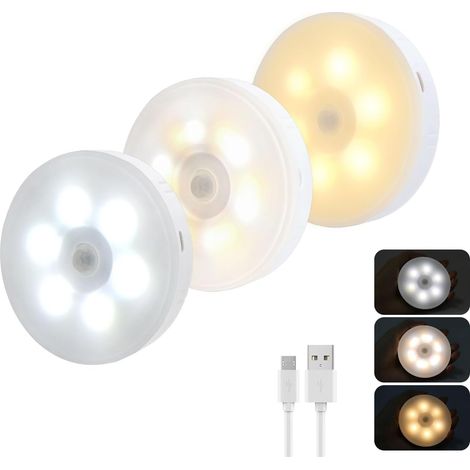 Lot de 2 Veilleuse Détecteur de Mouvement, 3 Couleurs, Lampe à LED Sans Fil pour Placard Armoire, Lampe de Nuit Magnétique USB Rechargeable Veilleuse Automatique pour Escalier Couloir (1/5)
