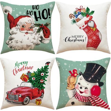 Lot de 4 housses de coussin pour canapé, 45x45 cm, taie d'oreiller en lin, housse de coussin décorative renne flocon de neige sapin de Noël, décoration de la maison (1/5)
