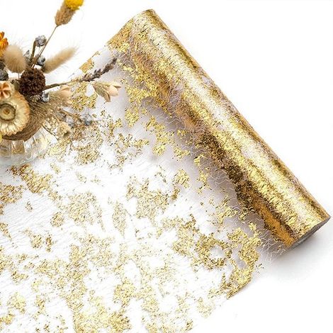 Camino de mesa dorado, Camino de mesa de malla metálica dorada brillante en rollo, Decoración de mesa para bodas, cumpleaños, banquetes y Navidad (1/4)