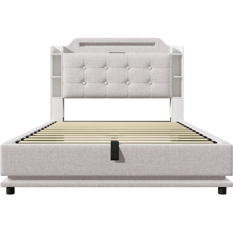 Cama capitoné 140 x 200 cm de lino beige con LED, almacenaje hidráulico, USB y Type-C (1/5)