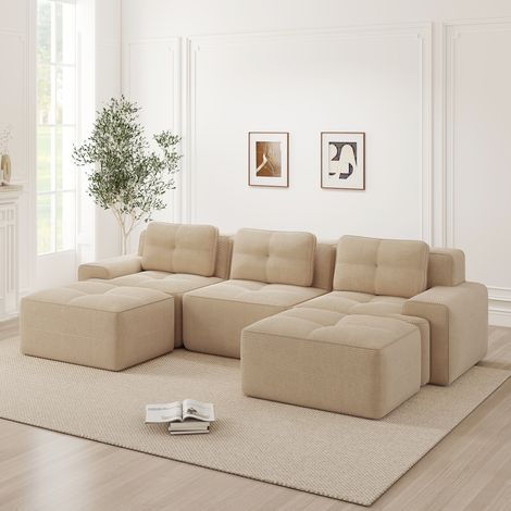 Divano modulare in corduroy beige, senza montaggio, seduta profonda 74 cm (1/5)