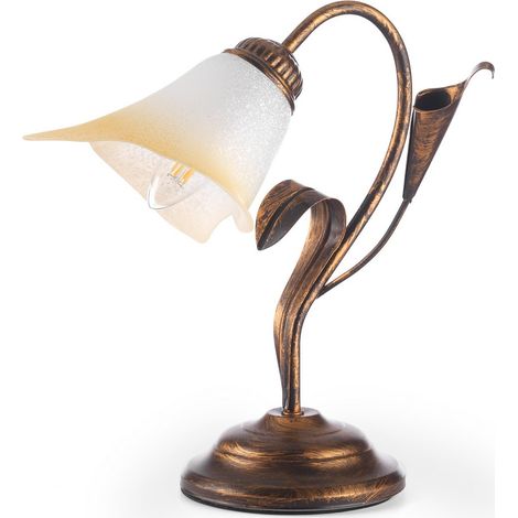 ONLI - Lampada da tavolo in metallo marrone spennellato oro con vetro bianco sfumato ambra (1/5)