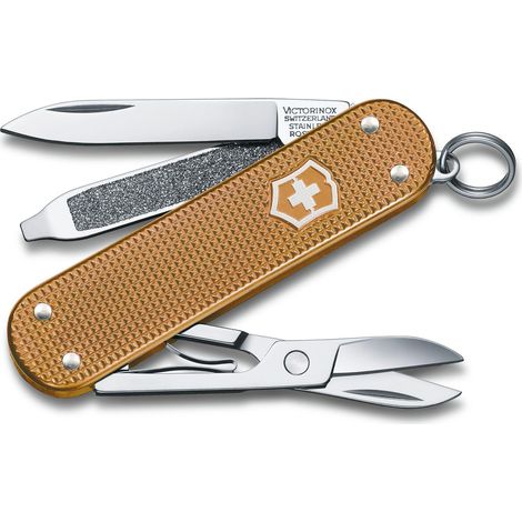 Couteau suisse de poche Victorinox classic, couteau de poche à 5 fonctions, manches Alox de haute qualité, comprend des ciseaux, une lime à ongles et un tournevis. Poids de 17 gr, couleur or. 0.6221.2 (1/4)