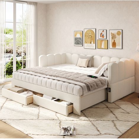 Letto da giorno estraibile 90/180x190 cm beige in lino con 2 cassetti e porte USB/USB-C (1/5)