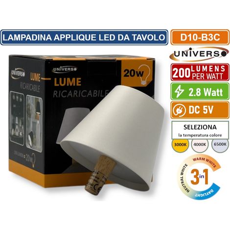 UNIVERSO D10-B3C LAMPADA LED RICARICABILE DA TAVOLO PER BOTTIGLIE COLORE LUCE SELEZIONABILE CCT 3in1 (1/5)