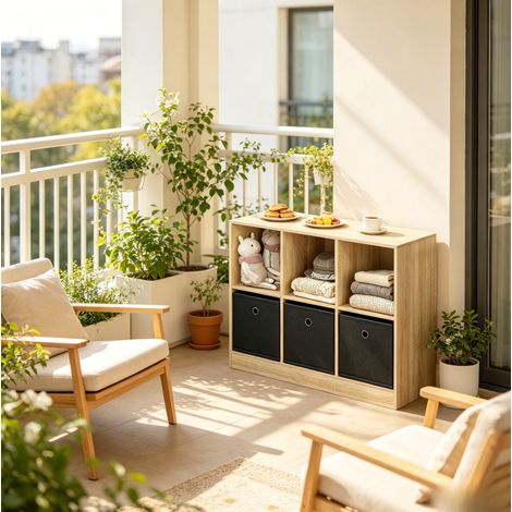Cube-Regal 80 x 30 x 61 cm mit 3 Stoffschubladen, Eiche hell und Schwarz HAVRYA (1/5)