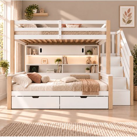 Lit superposé enfant 90x200 cm en pin avec LED, USB-C, prises, escalier rangement et portes coulissantes, blanc (1/5)