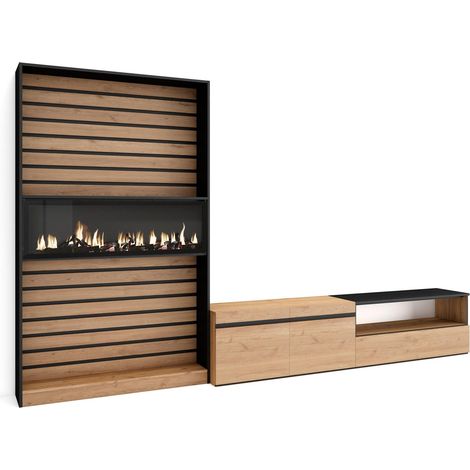Skraut Home - Muebles de Salón para TV, Conjunto de muebles comedor, 310x186x35cm, Para TV hasta 80", Chimenea eléctrica, Estilo Moderno, Roble y negro (1/5)