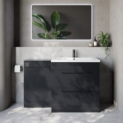 Napoli 460 Gloss Grey 1300mm 2 Drawer Vanity Unit Toilet Suite with Glide Basin - 1300mm - Matt Black 480mm HandleWithout Kingston Toilet Pan