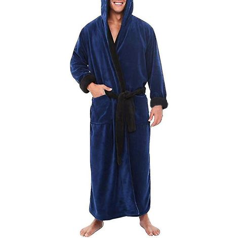 Peignoir long en polaire pour homme, avec capuche, idéal pour la nuit - Taille 4XL - Bleu foncé et noir (1/3)