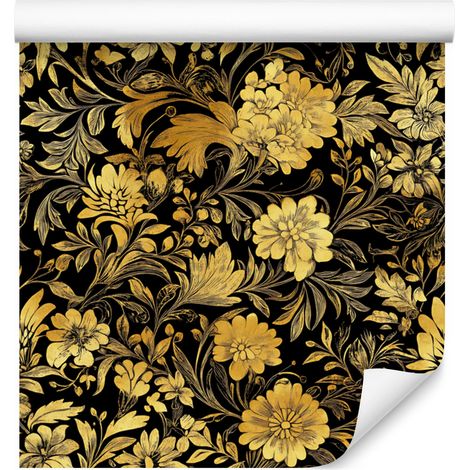 Papier peint Hibiscus doré ocre, or et jaune pour salon et chambre 50x1000 cm (1/5)