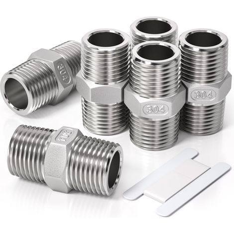 6 pièces 1/8" mâle vers 1/8" mâle BSP en acier inoxydable 304 Raccord à embout hexagonal,Pour la conversion des raccords de tuyauterie (1/5)