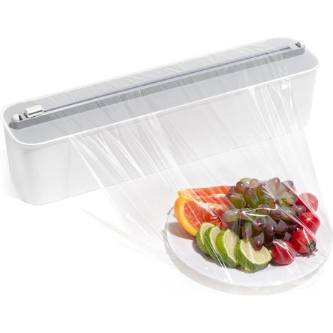 Derouleur Film Alimentaire avec Coupeur - Organisateur de Cuisine Magnétique et Adhésif Sans Percer, Distributeur Papier Aluminium et Film - Gain de Place pour Rouleaux Jusqu'à 300m, Blanc (1/5)