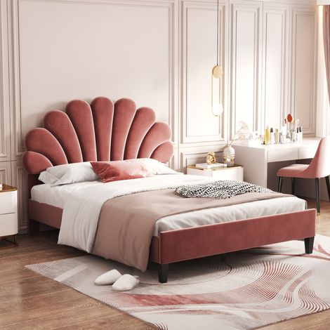 Cadre de lit en velours rouge haricot 140x200 cm, sommier à lattes intégré, tête de lit fleurie, literie adulte-adolescent, lit invité rembourré doux pour la peau