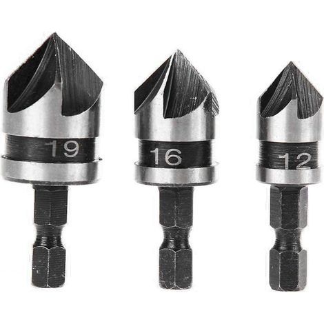 3pcs 90 Degrés 5 Flûte Fraises à Chanfreiner Set Pour Bois, Métal Changement Rapide 1/4" Hex Foret à Chanfreiner en Acier au Carbone Outil de Coupe de Chanfreinage de Bois 12/16/19mm (1/5)