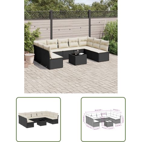 The Living Store 10-tlg. Garten-Sofagarnitur mit Kissen Schwarz Poly Rattan - Gartenmöbel Set - PE-Rattan Möbel - Outdoor Sofa - Esstisch - Lounge Garnitur (1/3)
