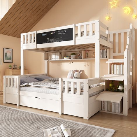 Lit superposé pour 3 enfants 90x200 & 140x200 en bois massif avec tableau noir, escalier de rangement, tiroirs et armoire-échelle, lit superposé/ lit mezzanine robuste pour adolescent, blanc