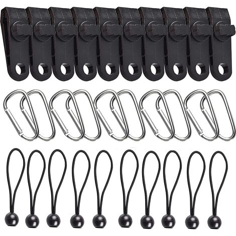 Tent Clip - 30 Pièces Pinces Pour Toile De Tente Et Bâche - Pour Auvent, Bâche D'Ombrage, Sac De Couchage - Lot Complet Avec Crochets, Cordes Et Mousquetons (1/5)