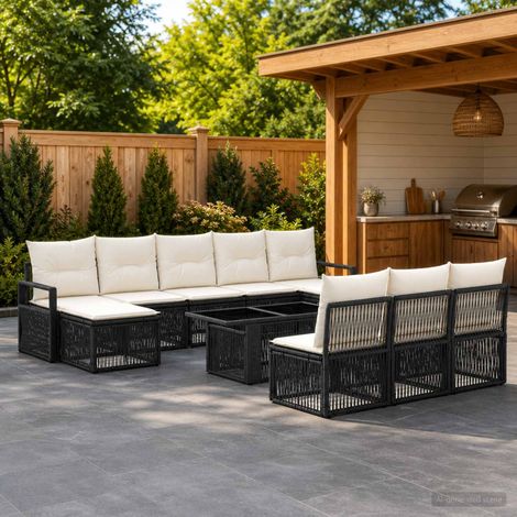 vidaXL Set Divano da Giardino 11 pz Nero e Bianco Crema polyrattan (1/5)