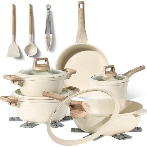 Set di pentole antiaderenti in granito, 14 pezzi, beige